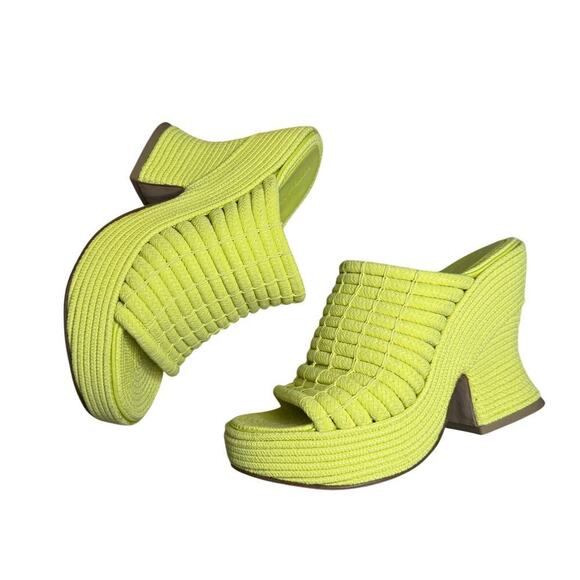 Bottega Veneta String Knit Slide Platform Wedge Sandals Seagrass Yellow 36 / 6